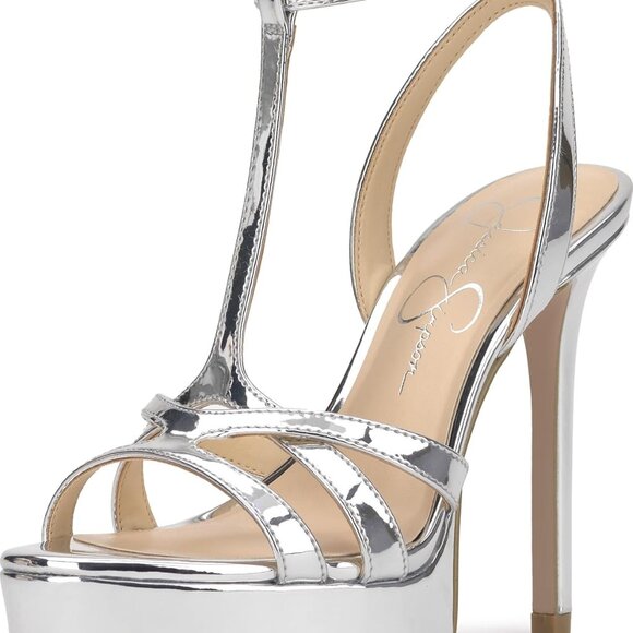 Women's Silver Faux Leather Platform Sandal Size 9 Stiletto Heel Buckle - Picture 1 of 7
